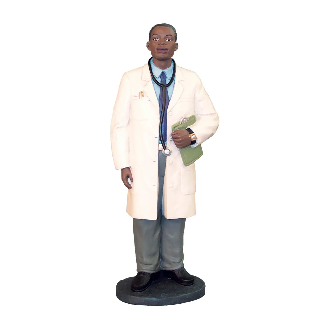 African American Male Doctor Figurine (Main) - Figurine of a doctor in a white coat holding a chart on a white background