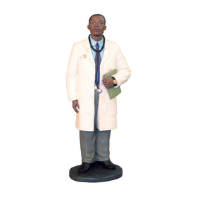 African American Male Doctor Figurine (Main) - Figurine of a doctor in a white coat holding a chart on a white background