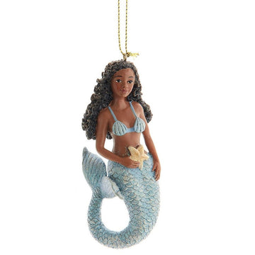 African American Mermaid Christmas Ornament Set (Blue Mermaind) - Mermaid figurine with a starfish on a white background