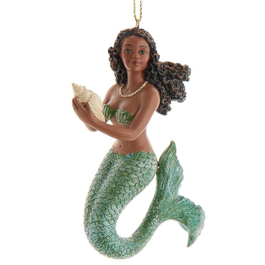 African American Mermaid Christmas Ornament Set (Green Mermaid) - Mermaid ornament with green tail holding a shell on a white background