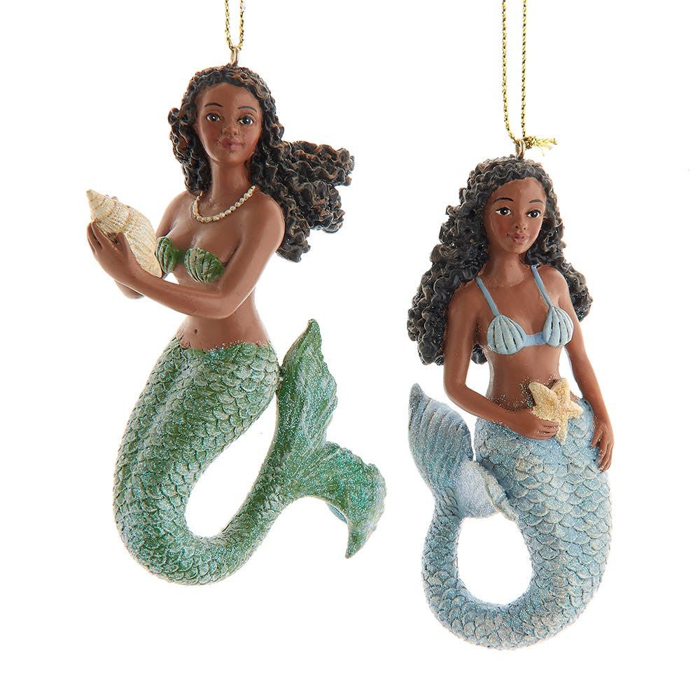 African American Mermaid Christmas Ornament Set (Main) - Two african american mermaid ornaments with green and blue tails on a white background