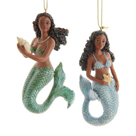 African American Mermaid Christmas Ornament Set (Main) - Two african american mermaid ornaments with green and blue tails on a white background