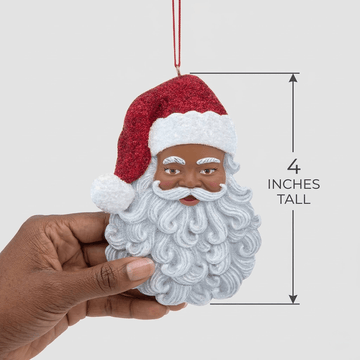 Soulful Santa Claus: African American Christmas Ornament (Sizing Guide) - Decorative ornament of a black Santa Claus held by a hand, with dimensions indicated.