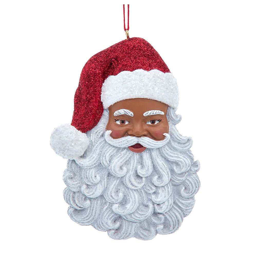 Soulful Santa Claus: African American Christmas Ornament (Main) - Decorative Christmas ornament of a black Santa Claus head with a red hat on a white background