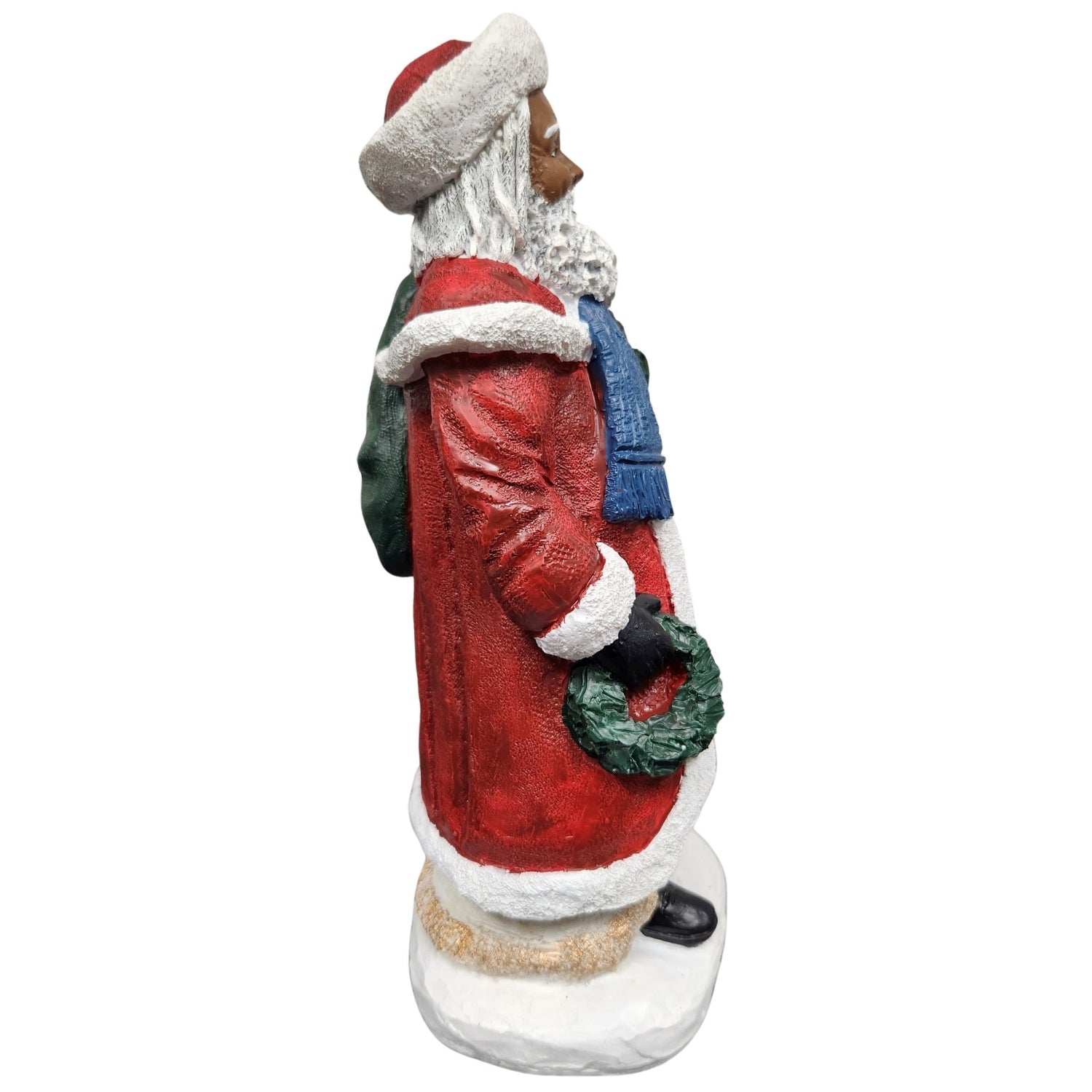 4 of 5: African American Santa Claus Holding Wreath Figurine (Side)