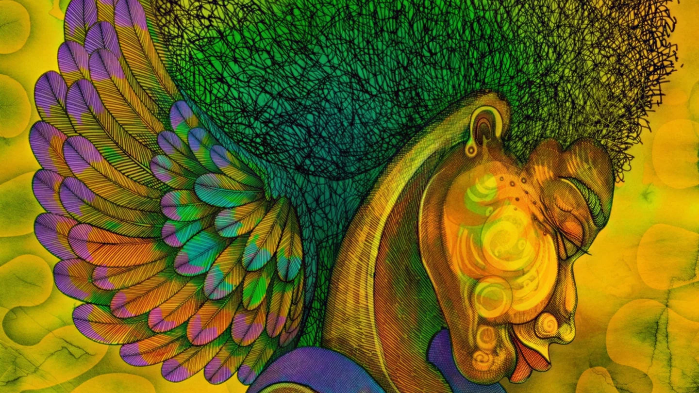 Charles Bibbs Art Gallery - Colorful abstract design with wing-like shapes on a yellow background