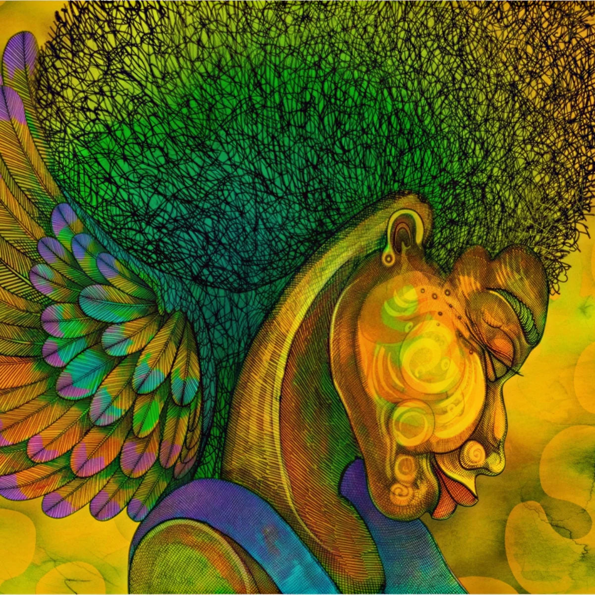 Charles Bibbs Art Gallery - Colorful illustration of a peacock with intricate feather details on a yellow background