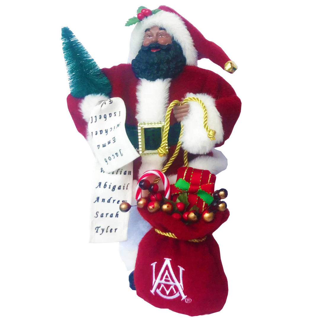 Alabama A&M Bulldogs College Santa figurine in maroon coat with AAMU logo sack