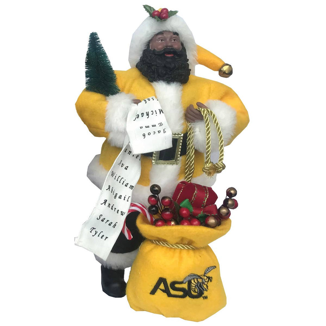 Alabama State Hornets College Santa figurine in gold coat with ASU logo sack