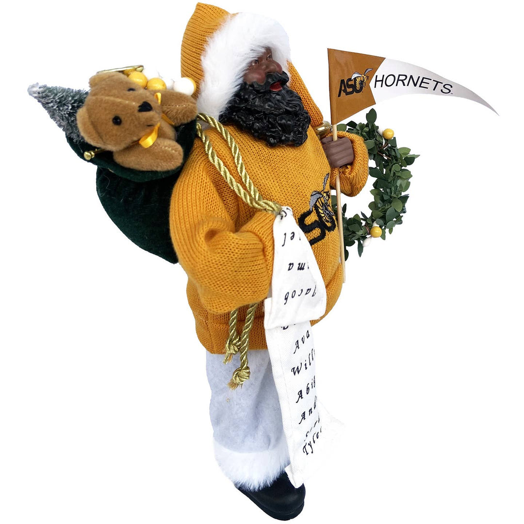 Black Santa figurine side view with ASU Hornets pennant, toy sack and list