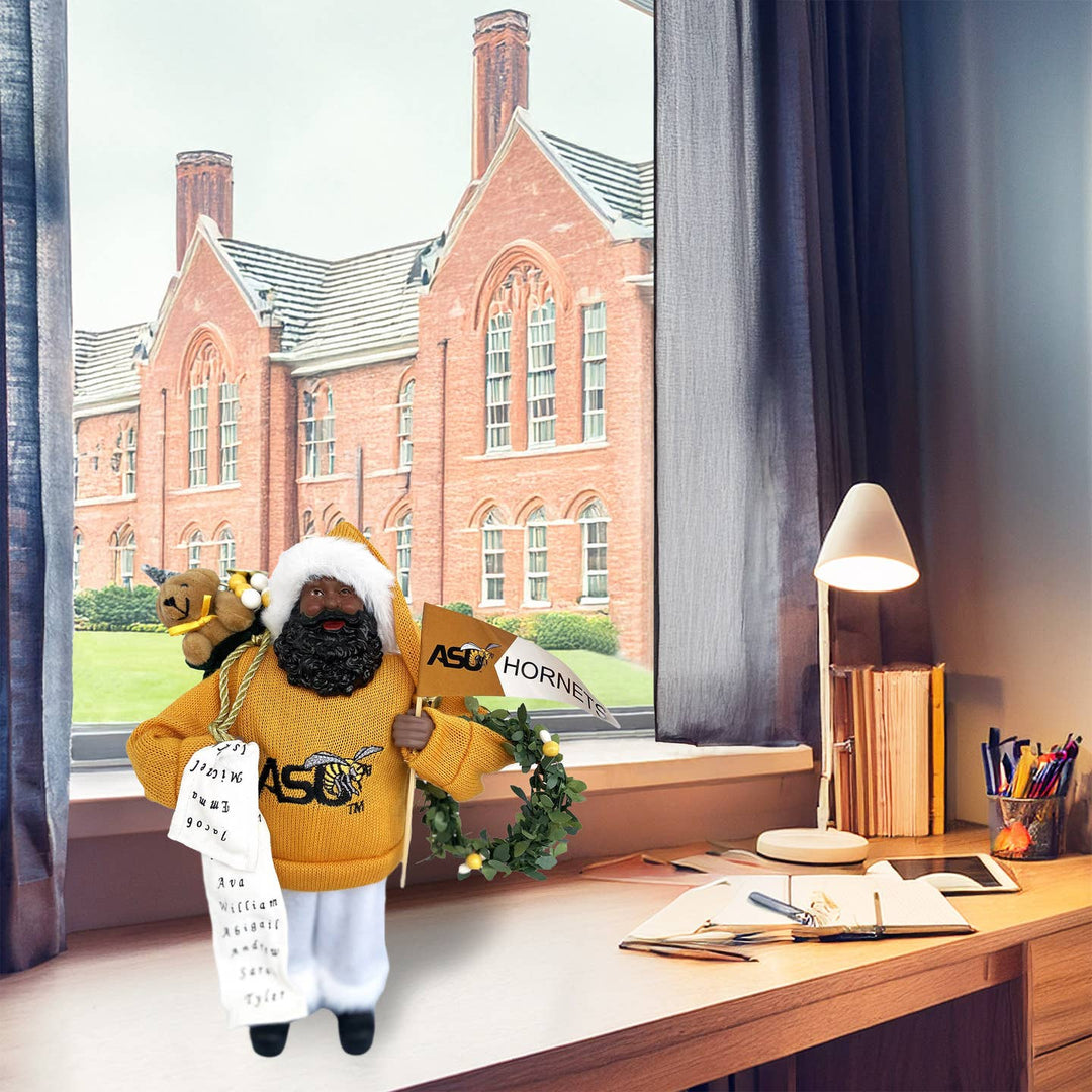 Alabama State Hornets Santa Claus figurine on a dorm desk by a campus window