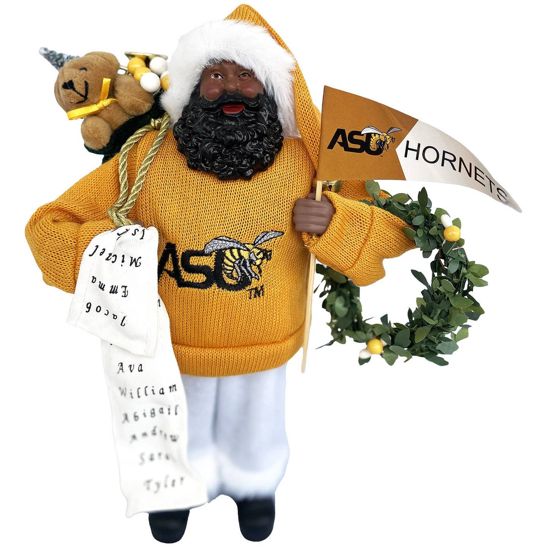 Alabama State Hornets Proud Santa figurine in gold ASU sweater holding pennant
