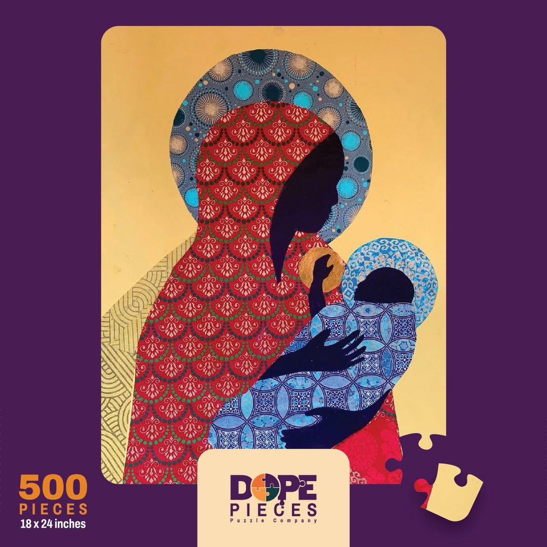 Alkebulan Madonna by Patrick Dougher: African American Jigsaw Puzzle (Box Front) - Jigsaw puzzle packaging with artistic design of a woman and child, featuring the Dope Pieces logo.