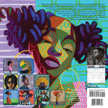 All the Potential: Art of C'Babi Bayoc 2026 Black Art Wall Calendar (Back) - Colorful artwork of a stylized face with geometric patterns and a calendar on the right side.