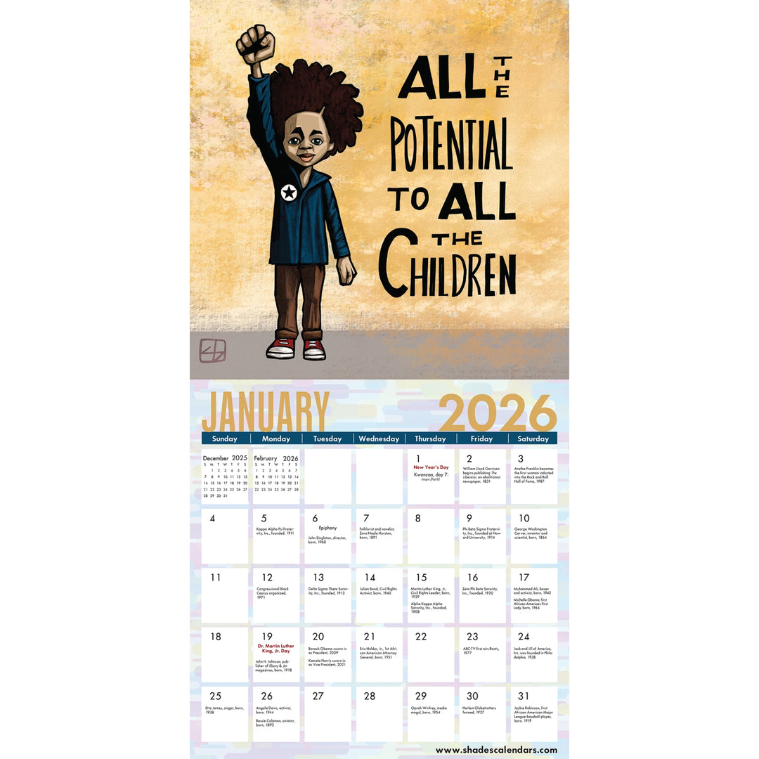All the Potential: Art of C'Babi Bayoc 2026 Black Art Wall Calendar (Inside) - Calendar for January 2026 with a child raising a fist illustration and text 'All the Potential to All the Children'.