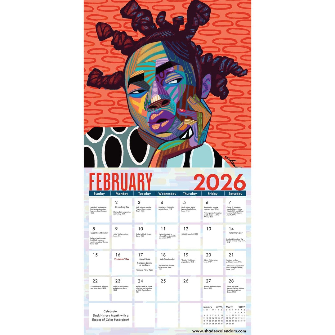All the Potential: Art of C'Babi Bayoc 2026 Black Art Wall Calendar (Inside 2) - Calendar for February 2026 with a colorful abstract art design of a woman's face on an orange background.