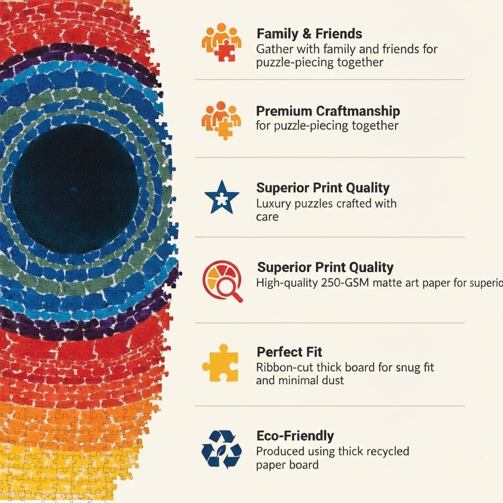 CThe Eclipse by Alma Thomas: African American Jigsaw Puzzle (Infographic) - olorful puzzle piece design with text on family, friends, craftsmanship, print quality, fit, and eco-friendliness.