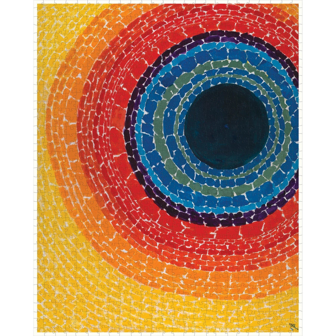 The Eclipse by Alma Thomas: African American Jigsaw Puzzle (Puzzle Mockup) - Colorful circular mosaic pattern on a yellow background