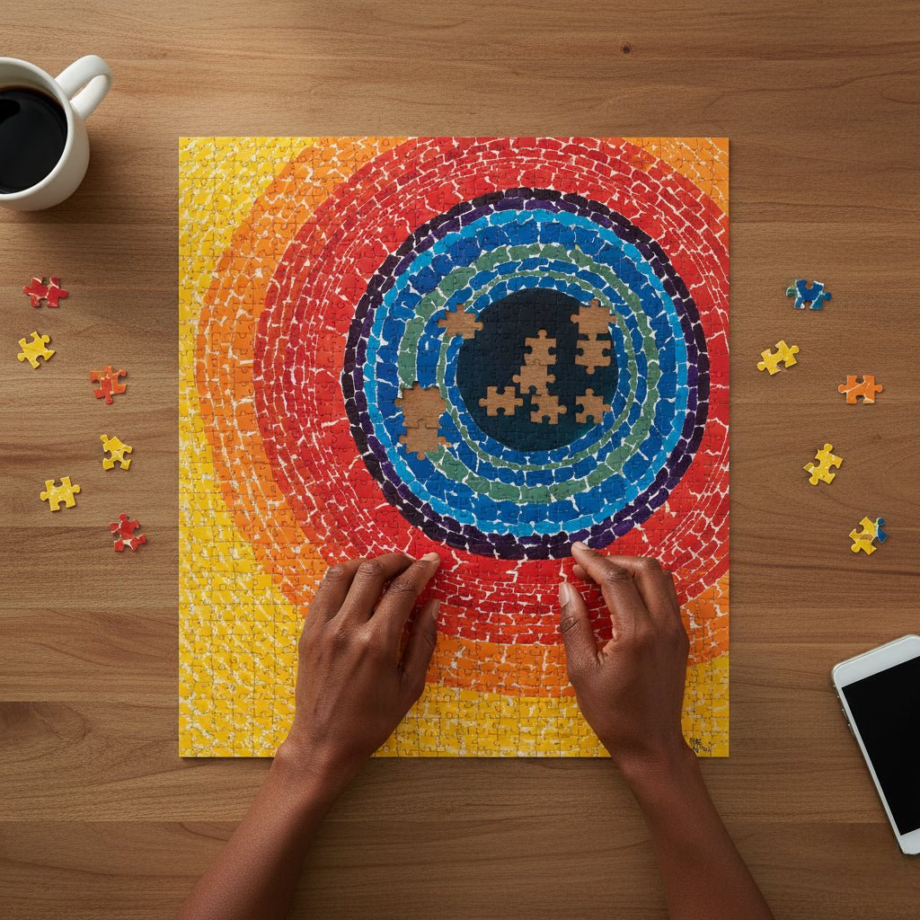 The Eclipse by Alma Thomas: African American Jigsaw Puzzle (Puzzling Lifestyle) - Colorful circular puzzle on a wooden table with hands working on it, a cup of coffee, and phone in the background.