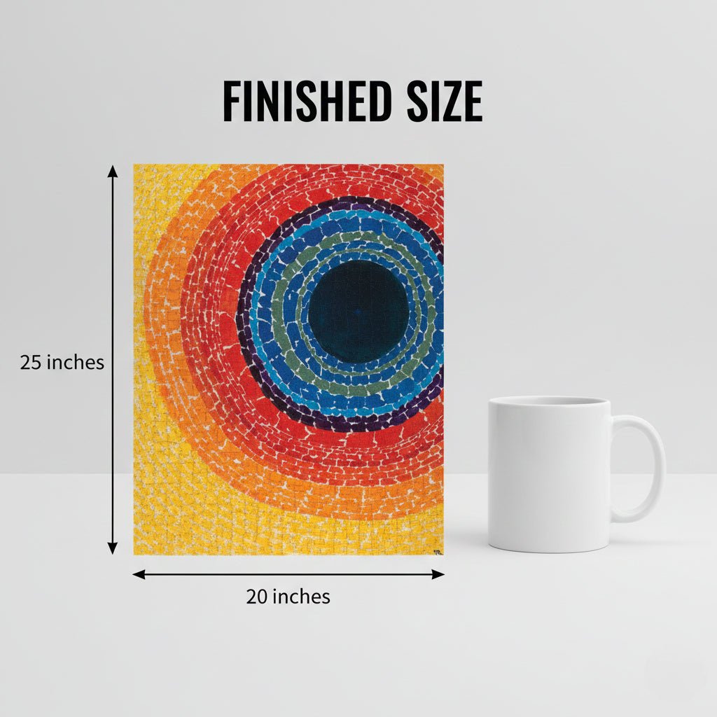 The Eclipse by Alma Thomas: African American Jigsaw Puzzle (Sizing Guide) - Colorful circular artwork with measurements and a white mug on a light gray background