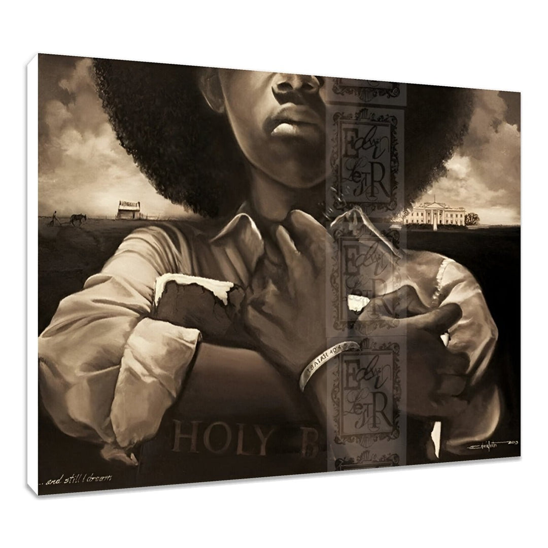And Stil I Dream by Edwin Lester - Sepia-toned artwork of a child holding a book with a landscape in the background (Stretched Canvas)