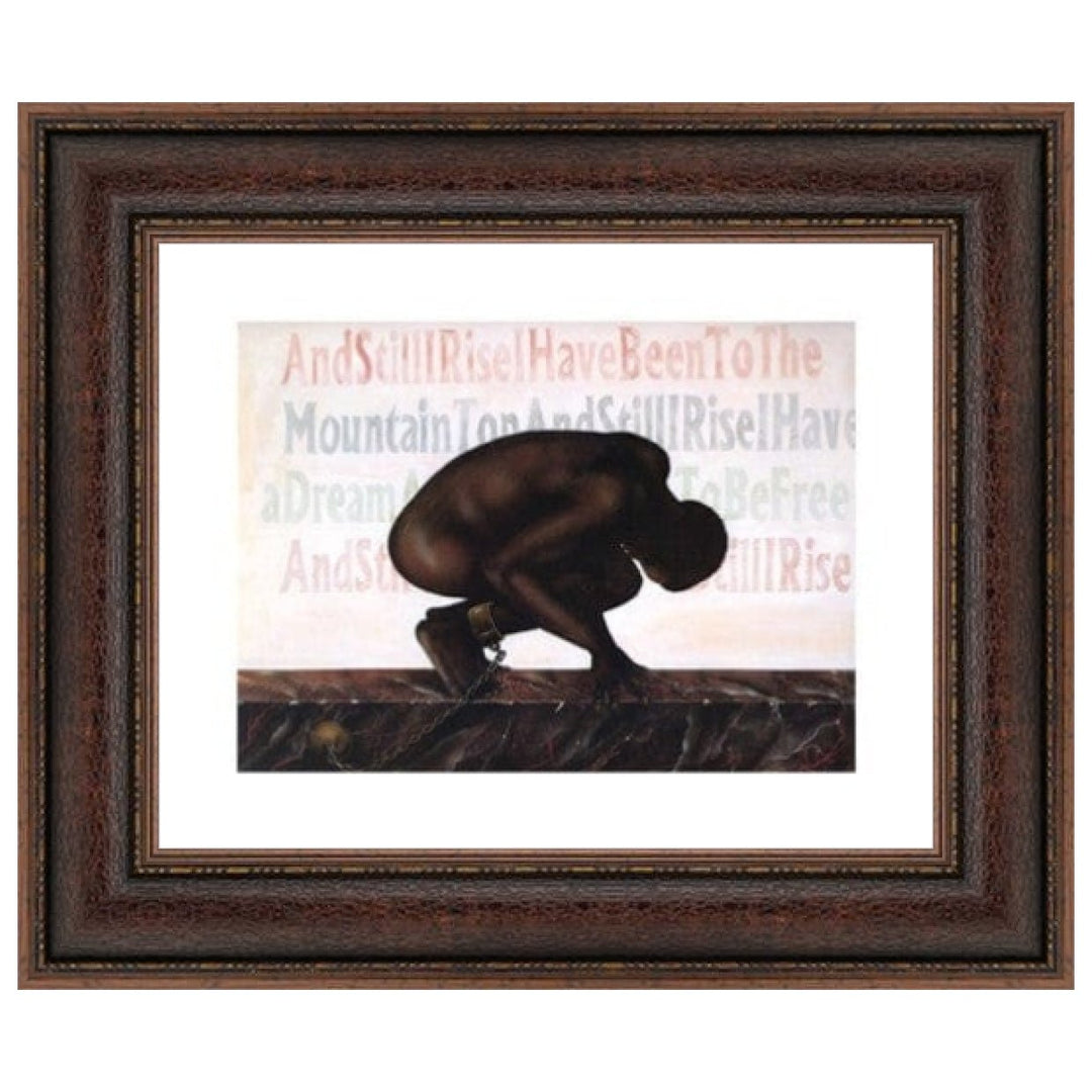 And Still I Rise: The Strength to Endure by Anthony Armstrong (Brown Frame) - Framed artwork of a silhouette with text in the background