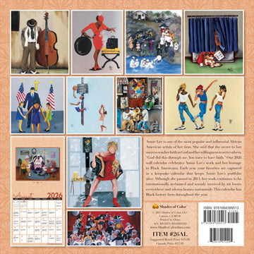 The Art of Annie Lee: 2026 African American Wall Calendar (Back) - Collage of artistic illustrations with a calendar layout on a peach background