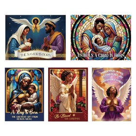 Assorted African American Christmas Card Box Set (ASX-222) by Janine Kai Robinson (Main) - A set of five Christmas art prints featuring nativity scenes and angels in stained-glass-inspired designs with festive text such as 'The Savior Is Born,' 'Is It To Us A Child Is Born,' 'A King Is Born,' 'Be Blessed This Christmas,' and 'Lower Angel Wings We Find Peace Joy and Faithful Blessings.'.