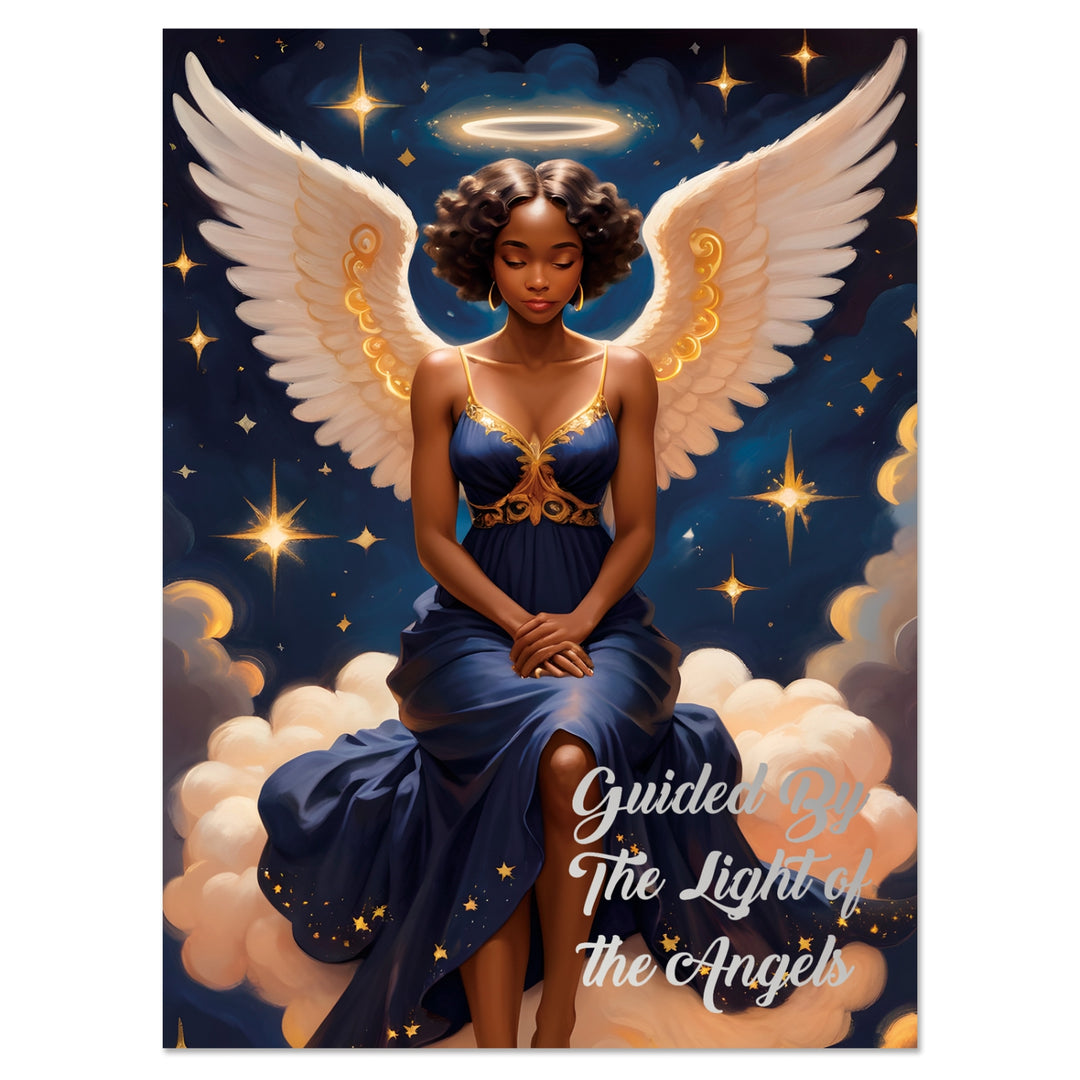 Assorted Box Set #12: African American Christmas Card Box Set  - Woman with angel wings sitting on clouds with stars in the background, text 'Guided By The Light of the Angels'.