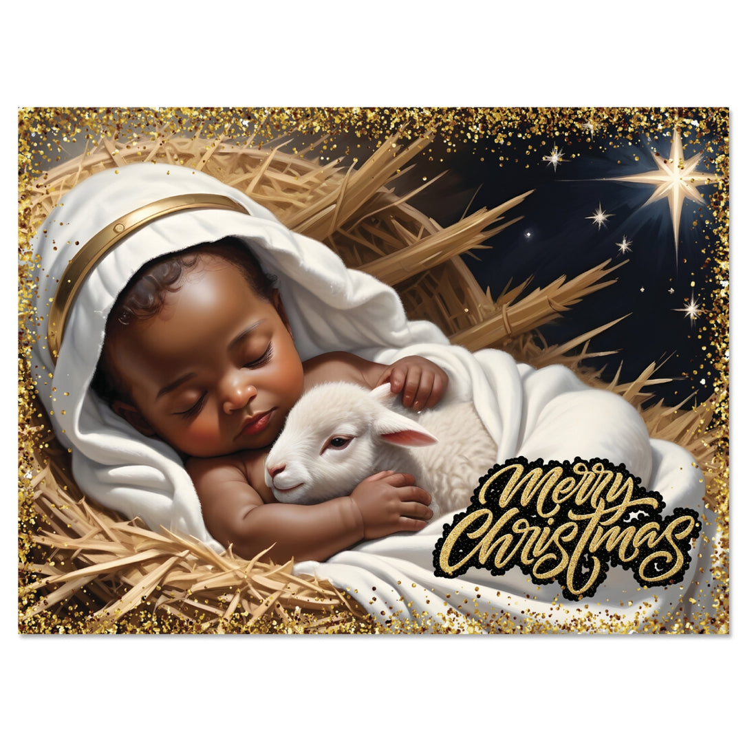 Assorted Box Set #12: African American Christmas Card Box Set  - Baby Jesus holding a lamb with 'Merry Christmas' text on a nativity scene background