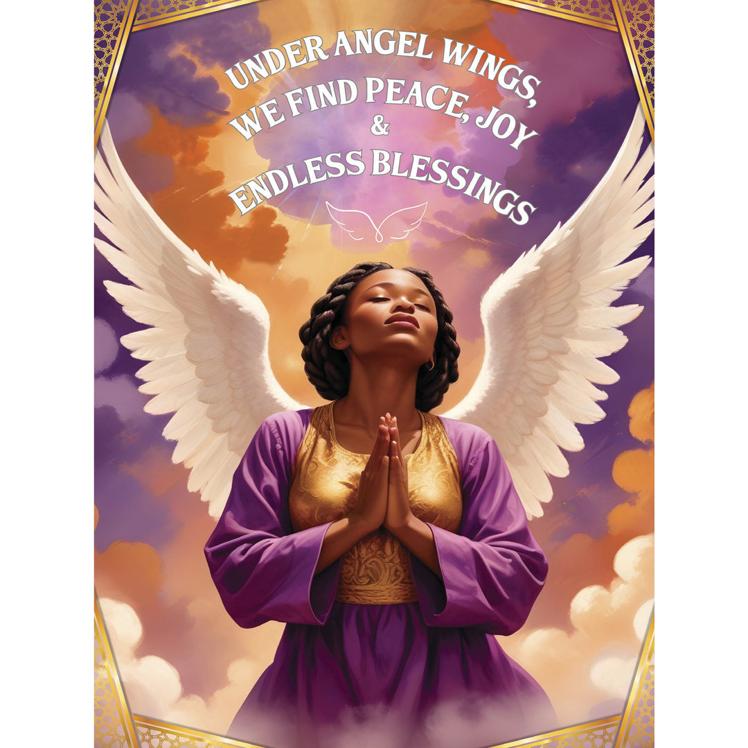 Under Angel Wings cover: Black angel praying in purple and gold