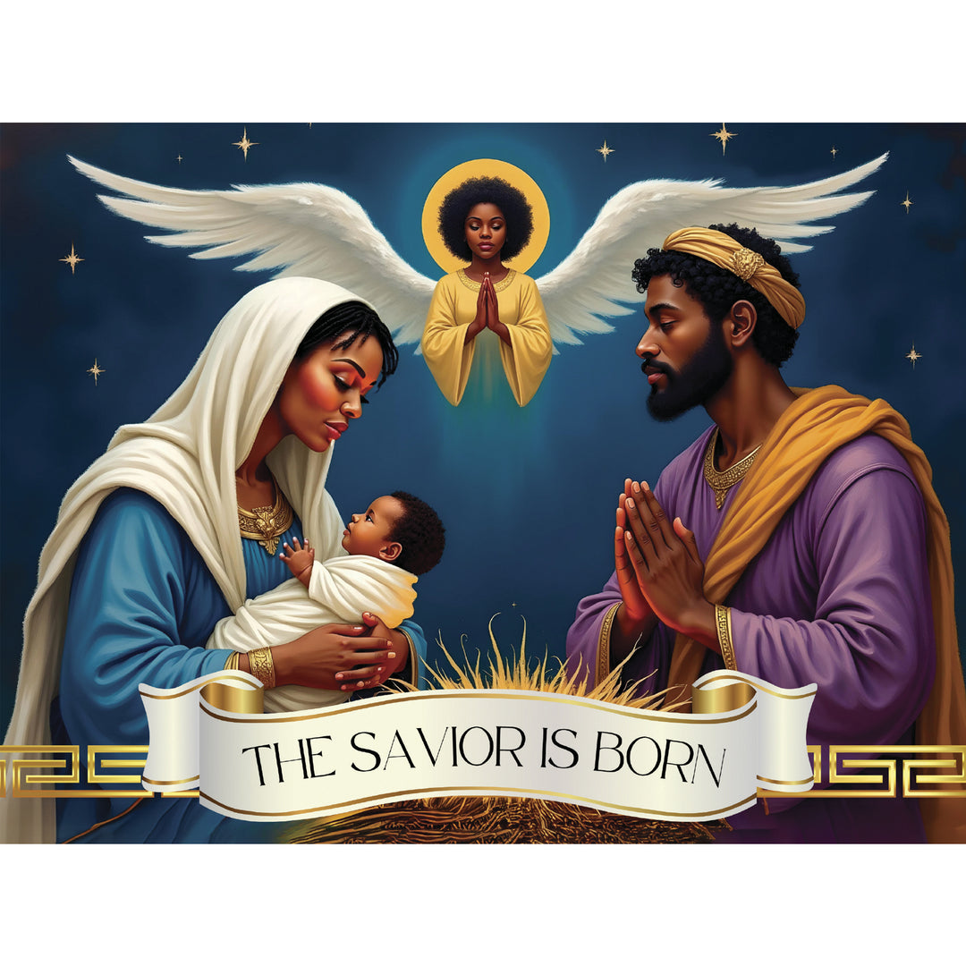 The Savior Is Born cover: Black Holy Family at the manger with an angel