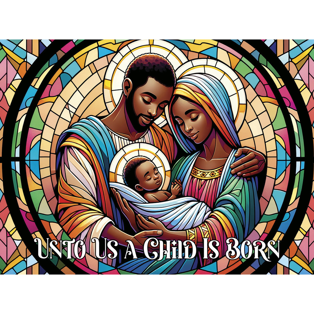 Unto Us a Child Is Born cover: Black Holy Family in a stained-glass window