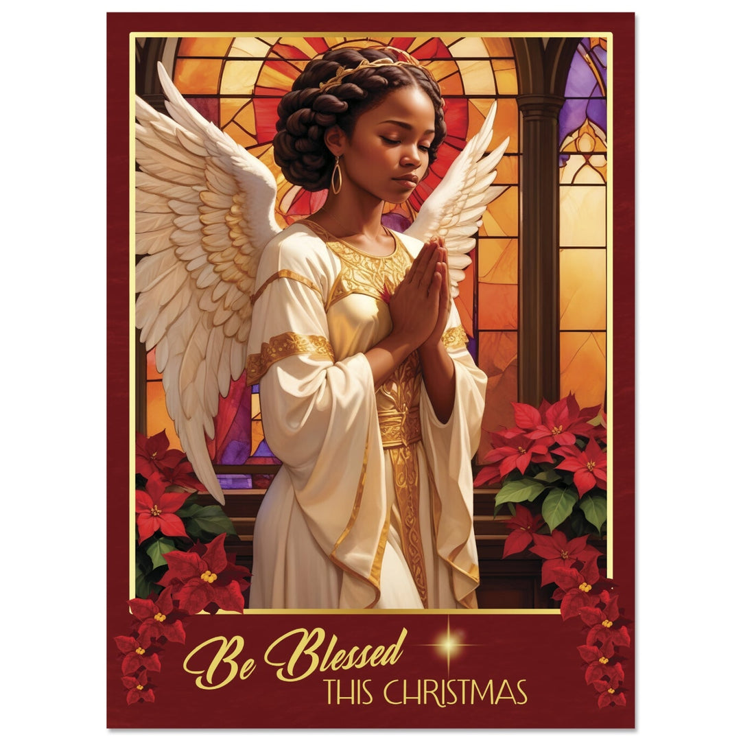 Be Blessed This Christmas cover: Black angel praying beside poinsettias in stained glass