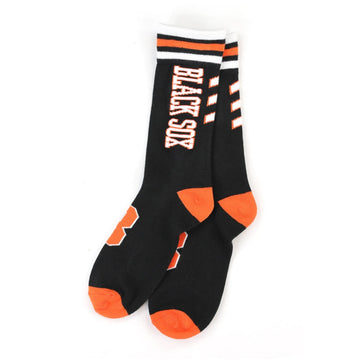 Baltimore Black Sox Knitted Socks (Main) - A pair of black crew socks with orange and white accents, featuring the text 'BLACK SOX' printed vertically on one sock, displayed against a plain white background.