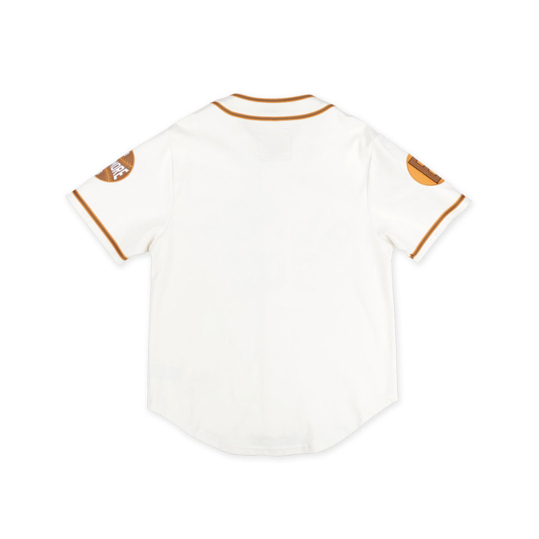 Baltimore Black Sox Negro Leagues Heritage Baseball Jersey (Rear) - A white short-sleeve baseball-style jersey shown from the back, featuring thin brown trim along the collar and sleeve cuffs, with circular brown patches on both sleeves.