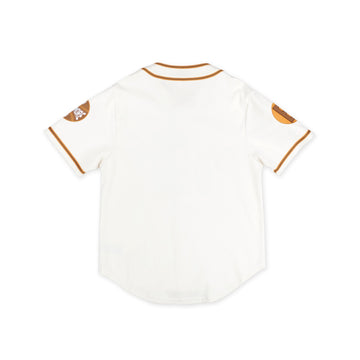 Baltimore Black Sox Negro Leagues Heritage Baseball Jersey (Rear) - A white short-sleeve baseball-style jersey shown from the back, featuring thin brown trim along the collar and sleeve cuffs, with circular brown patches on both sleeves.