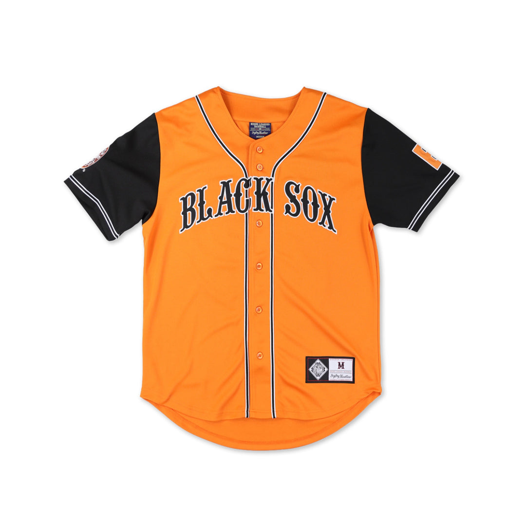 Baltimore Black Sox Legacy Baseball Jersey (Main) - An orange and black short-sleeve baseball jersey with 'BLACK SOX' arched in navy and white across the chest, displayed flat against a white background.