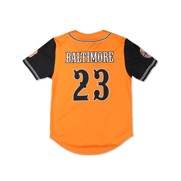 Baltimore Black Sox Legacy Baseball Jersey (Rear) - Bright orange short-sleeve baseball-style pet jersey shown from the back, with black sleeves, white piping, 'BALTIMORE' across the shoulders, and the number 23 in black with a white outline.