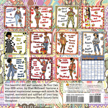 Be Your Own Insp-HER-ation 2027 Black Woman Art Wall Calendar (Rear) - Back cover of a 2027 wall calendar titled 'Be Your Own Insp-HER-ation' by Kiwi McDowell, showing a 3x5 grid of colorful illustrated monthly message cards and a blue monthly planning page on a patterned multicolor background.