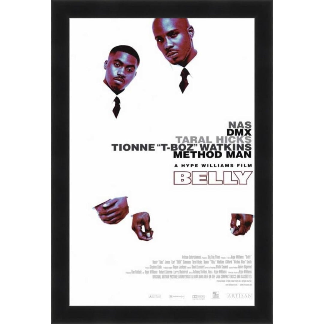 Belly Movie Poster (Black Frame) - Movie poster for 'Belly' featuring two men and hands with text about the cast and director.