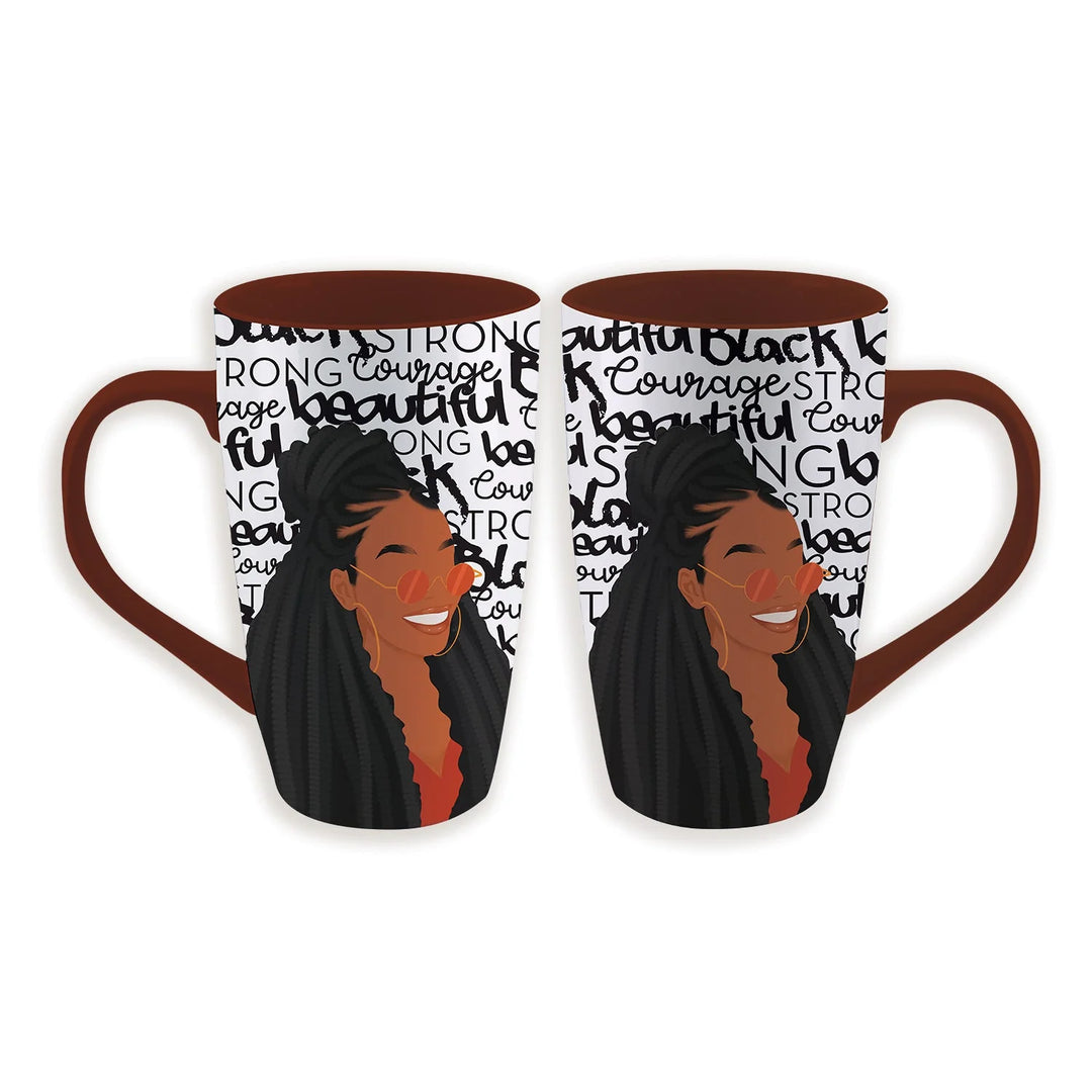 Black and Beautiful Ceramic Latte Mug (Main) - Two ceramic mugs with brown handles and interiors, featuring a printed design of a smiling Black woman with long braids on a white background with black text, shown on a plain white background.