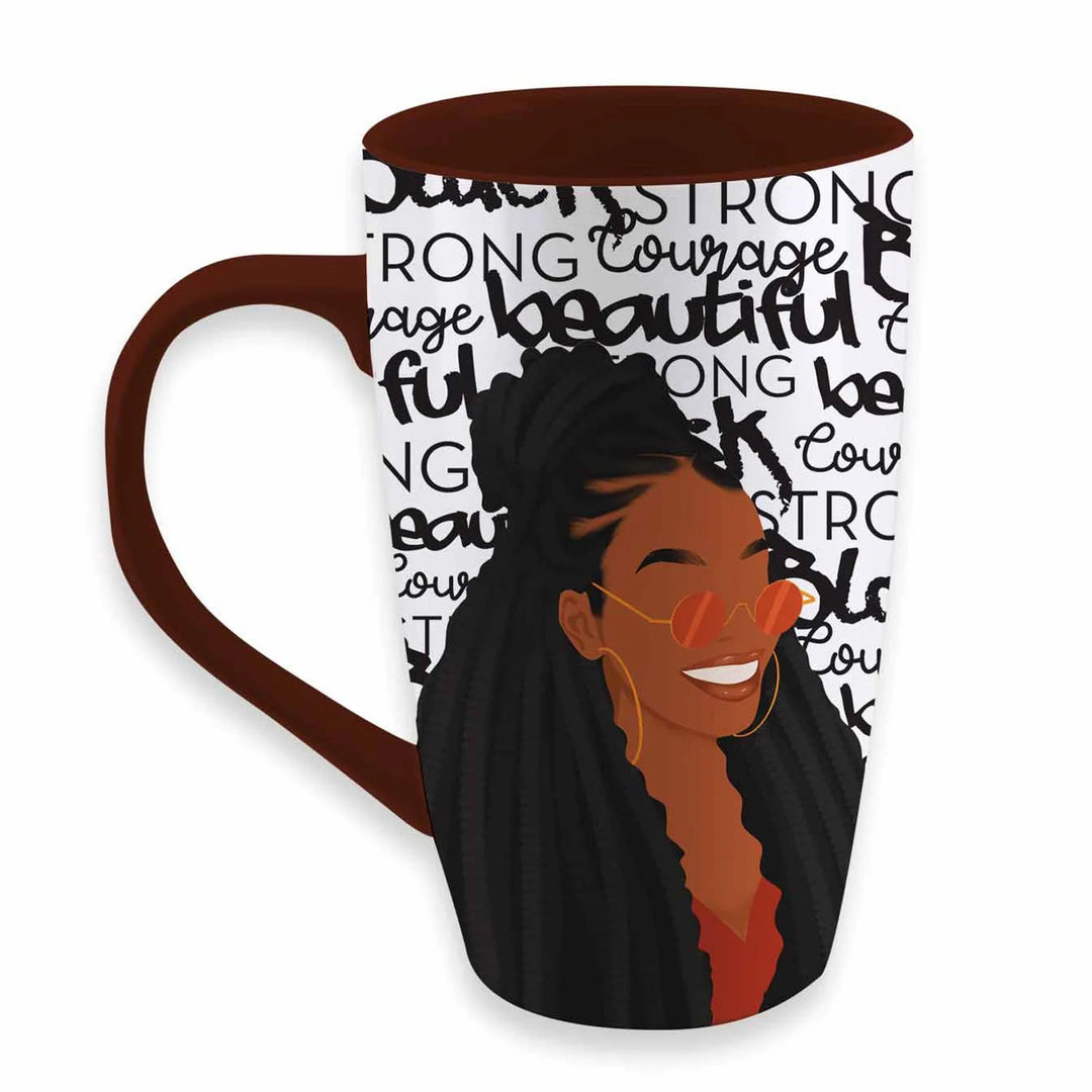 Black and Beautiful Ceramic Latte Mug (Rear) - A ceramic mug with a brown handle and interior, featuring a printed design of a smiling Black woman with braided hair, orange-tinted sunglasses, and gold hoop earrings on a white background with black motivational text.