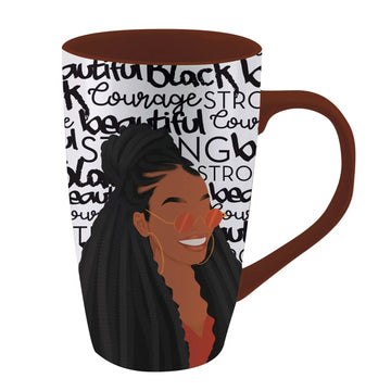 Black and Beautiful Ceramic Latte Mug (Front) - A ceramic mug with a brown handle and interior, featuring a white printed wrap design with black typography and an illustration of a smiling Black woman with braids and round orange-tinted sunglasses.