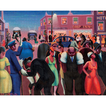 Black Belt Jigsaw Puzzle by Archibald Motley (Mock Up) - Artistic depiction of a bustling city street scene with people and cars.