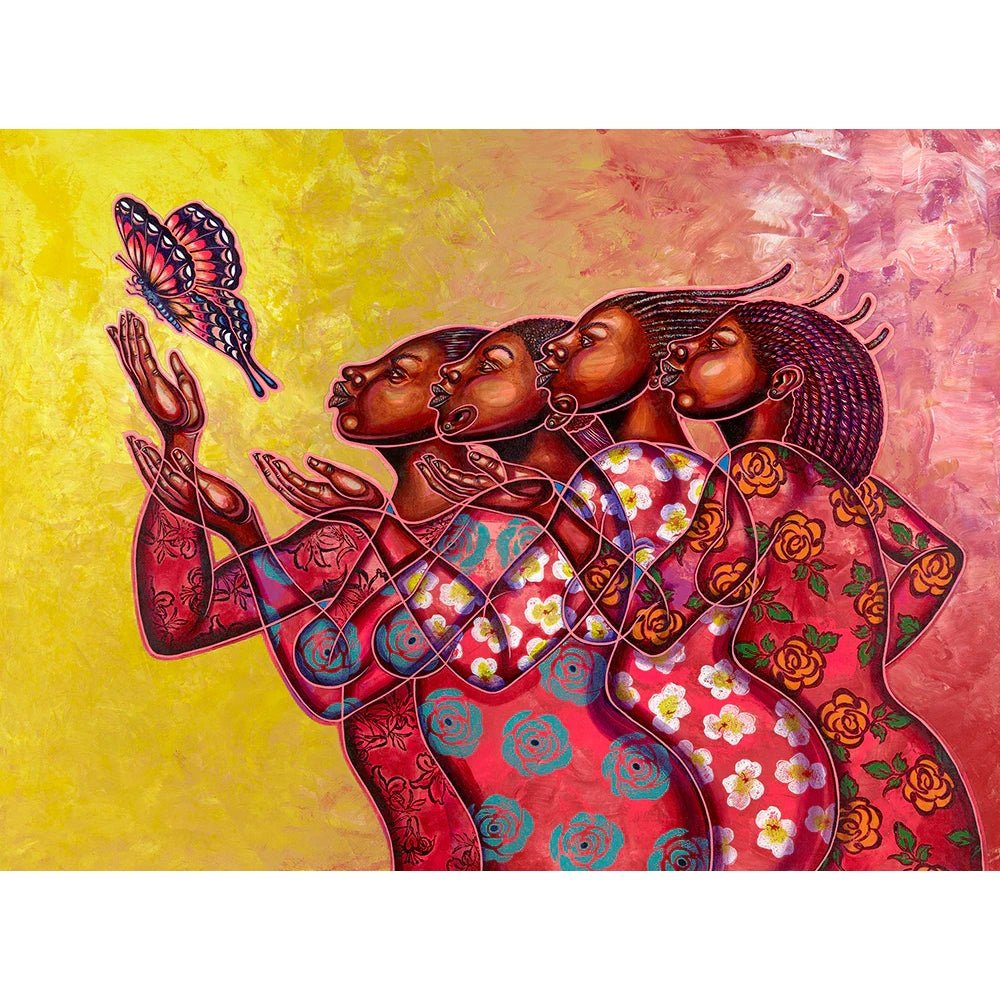 Black Butterfly by Larry "Poncho" Brown - Artistic depiction of a woman with flowing hair and floral patterns on a colorful background