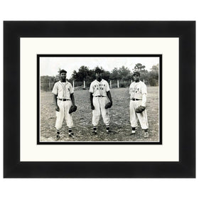 Baltimore Black Sox: Field Portrait (1920s) - A framed black and white photograph print of three baseball players standing on a field, presented with a white mat and a thick black frame.