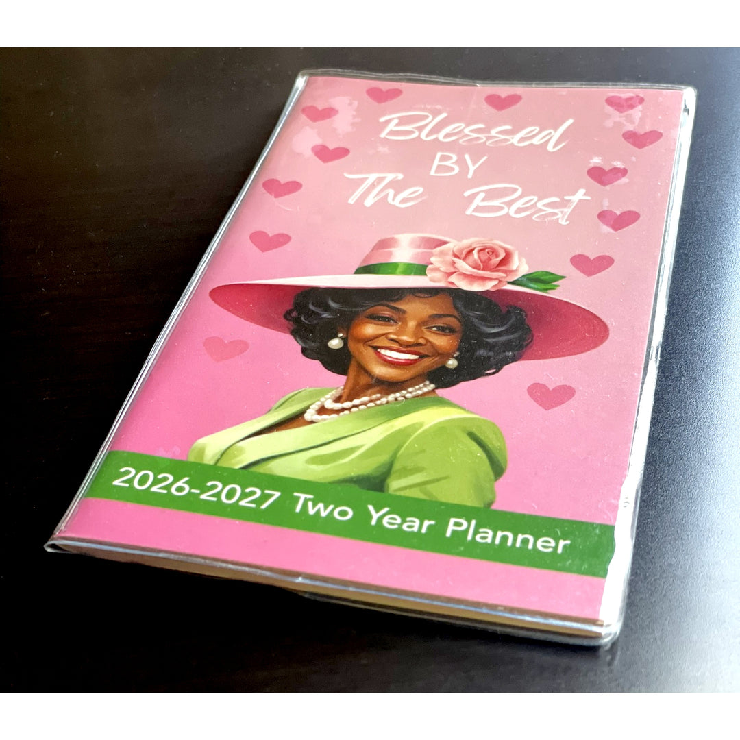 Blessed by the Best (Ivy Edition): 2026-2027 Two Year Planner (Lifestyle Photo) - Two-year planner with a woman's portrait on a pink background with hearts.