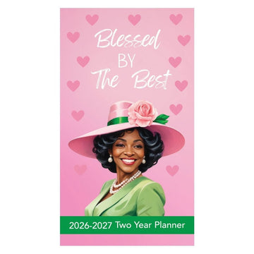 Blessed by the Best (Ivy Edition): 2026-2027 Two Year Planner (Main) - Two-year planner with a woman in a hat and green dress on a pink background with hearts.