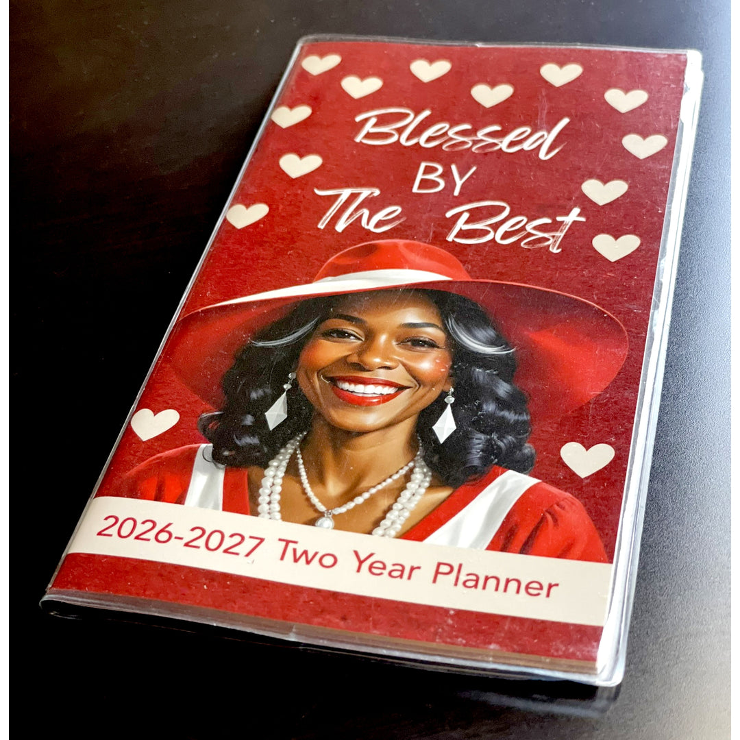 Blessed by the Best (Delta Sigma Theta): 2026-2027 Two Year Pocket Calendar/Planner (Lifestyle Photo 2) - Two-year planner with a woman's portrait and text on a red background